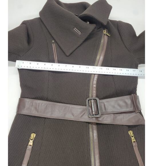 Mackage Asymmetrical Long Trench Coat Wool Coat P/S Chocolate Brown Leather - Picture 16 of 16